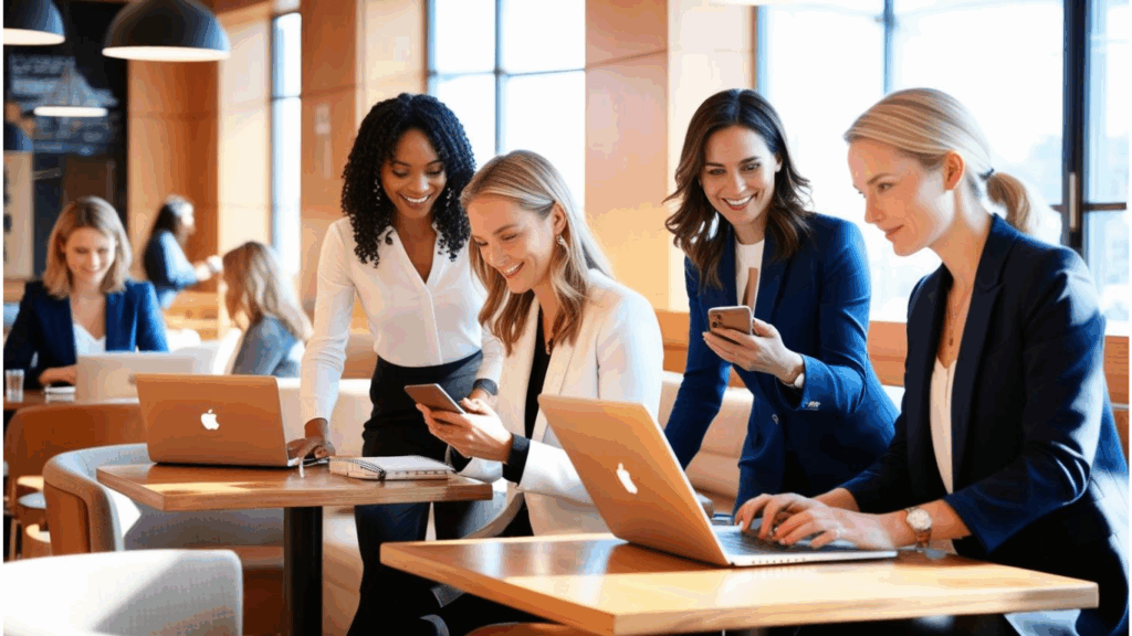 “Mulheres empreendendo no digital, conectadas por redes sociais.”