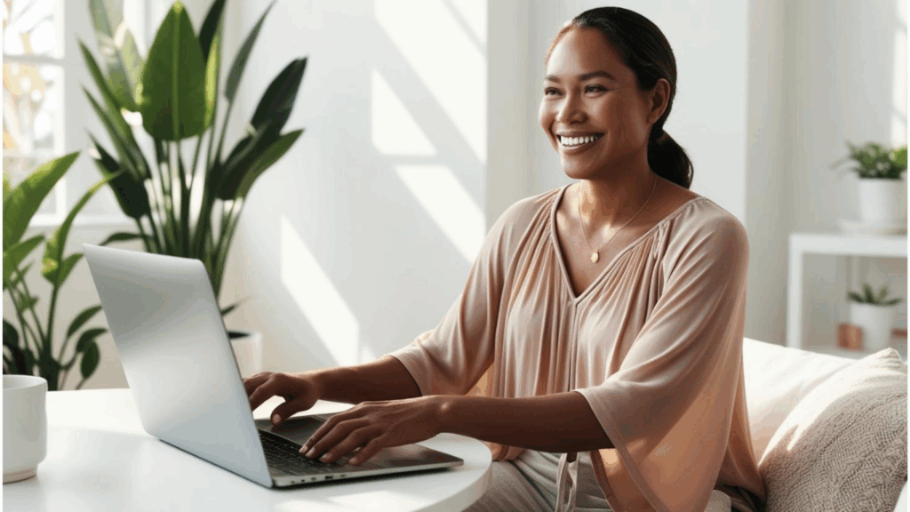 “Mulher empreendedora trabalhando em casa com motivação e alegria.”