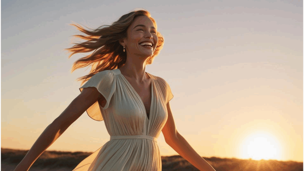 Mulher caminhando rumo ao futuro com esperança e coragem.”